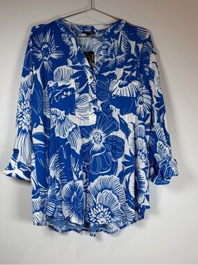 Ava & Grace Blue and White Floral Split-Neck Women's Top Size 2XL